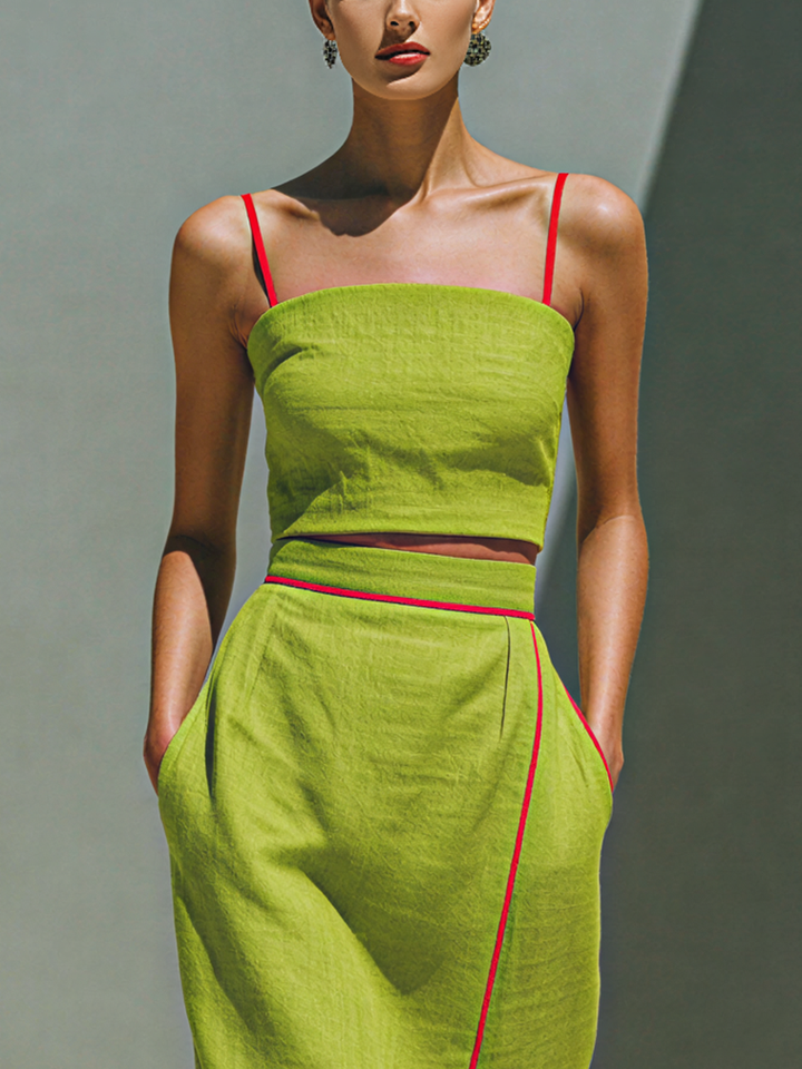 Women’s Lime Green Cotton-Linen Blend Spaghetti Strap Crop Cami Top & Contrast Piped Side Slit Maxi Skirt Two-Piece Set MDZ2039D2T