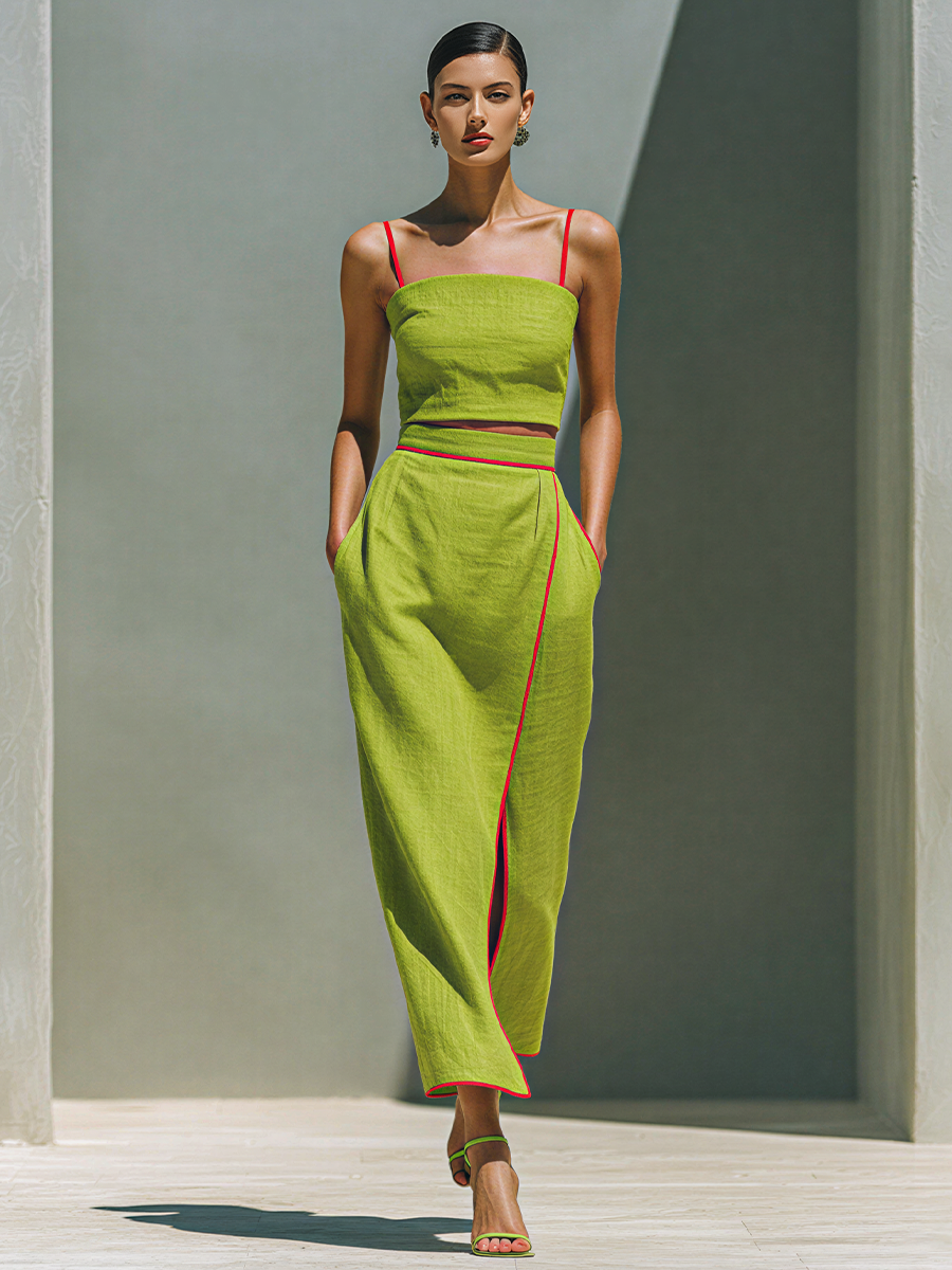 Women’s Lime Green Cotton-Linen Blend Spaghetti Strap Crop Cami Top & Contrast Piped Side Slit Maxi Skirt Two-Piece Set MDZ2039D2T