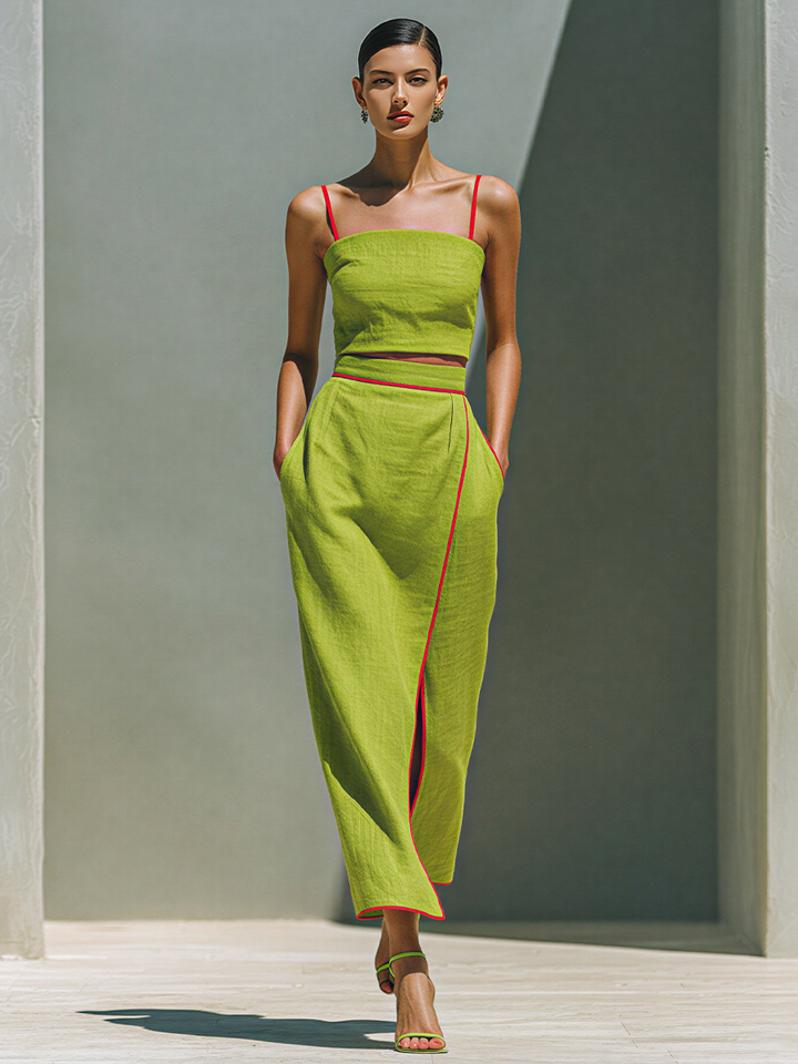 Women’s Lime Green Cotton-Linen Blend Spaghetti Strap Crop Cami Top & Contrast Piped Side Slit Maxi Skirt Two-Piece Set MDZ2039D2T
