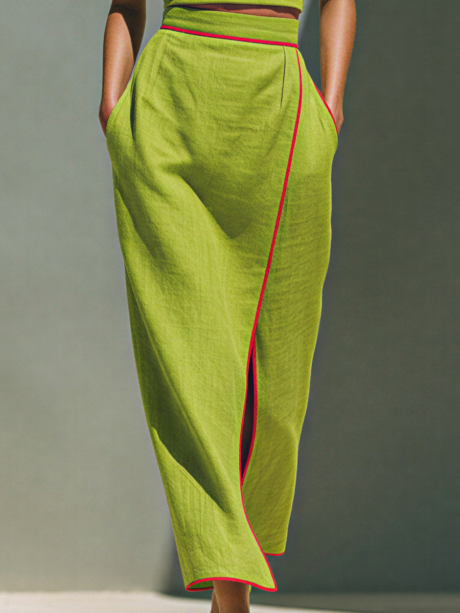 Women’s Lime Green Cotton-Linen Blend Spaghetti Strap Crop Cami Top & Contrast Piped Side Slit Maxi Skirt Two-Piece Set MDZ2039D2T