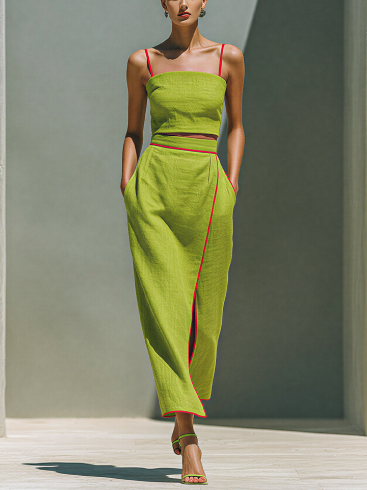 Women’s Lime Green Cotton-Linen Blend Spaghetti Strap Crop Cami Top & Contrast Piped Side Slit Maxi Skirt Two-Piece Set MDZ2039D2T