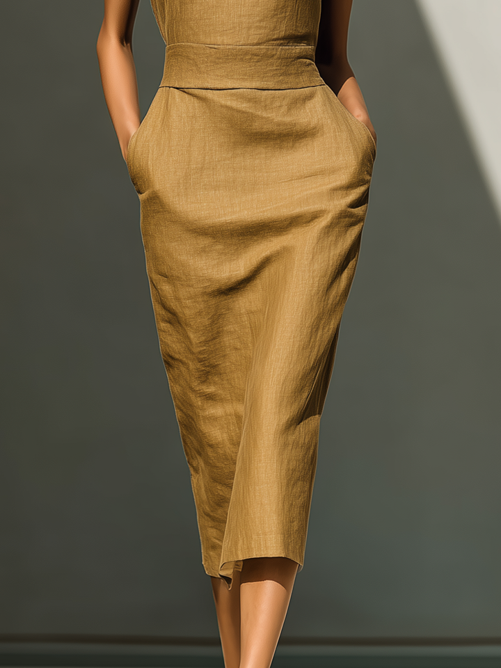 Women’s Camel Linen-Blend Sleeveless Round Neck Waisted Midi Dress With Pockets MDZ2043D5T