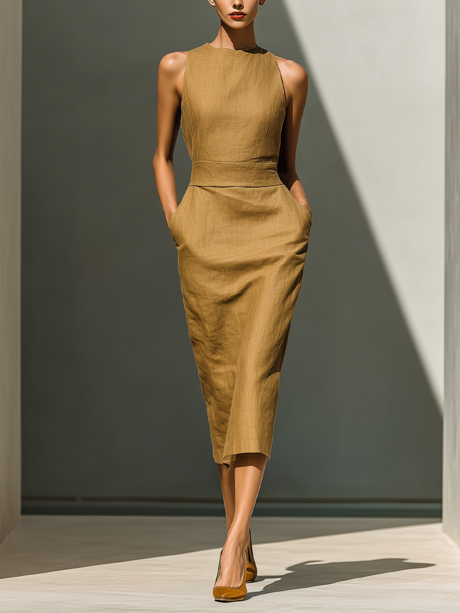 Women’s Camel Linen-Blend Sleeveless Round Neck Waisted Midi Dress With Pockets MDZ2043D5T