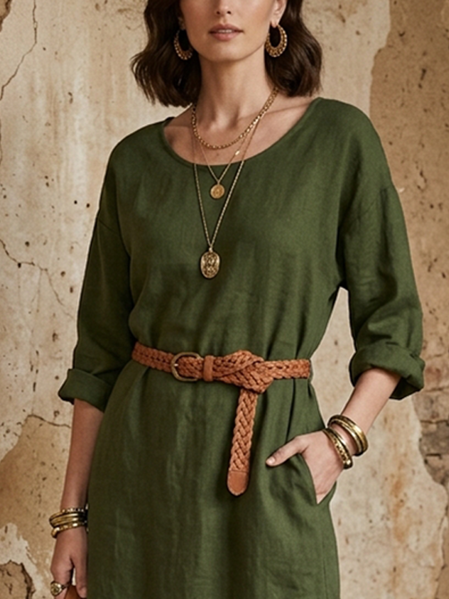 Women’s Casual Olive Green Linen-Cotton Round Neck Side Slit Straight Midi Dress MDZ2027D7GMJ