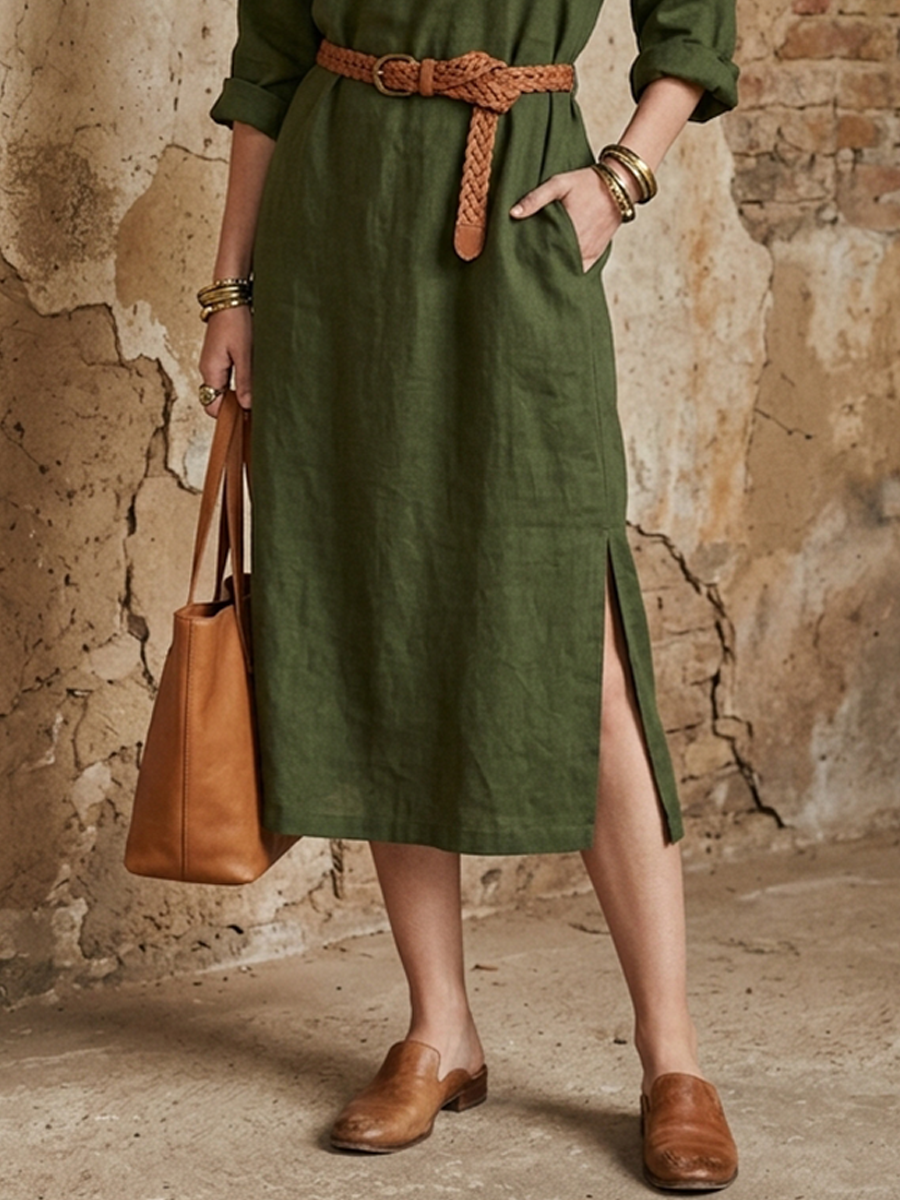 Women’s Casual Olive Green Linen-Cotton Round Neck Side Slit Straight Midi Dress MDZ2027D7GMJ