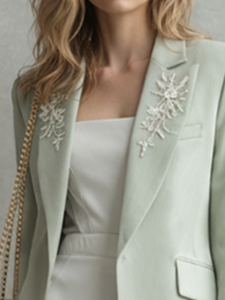 Women's Commuter Light Mint Green Cotton-Blend Embroidered Long Blazer MDZ2076D7GMJ