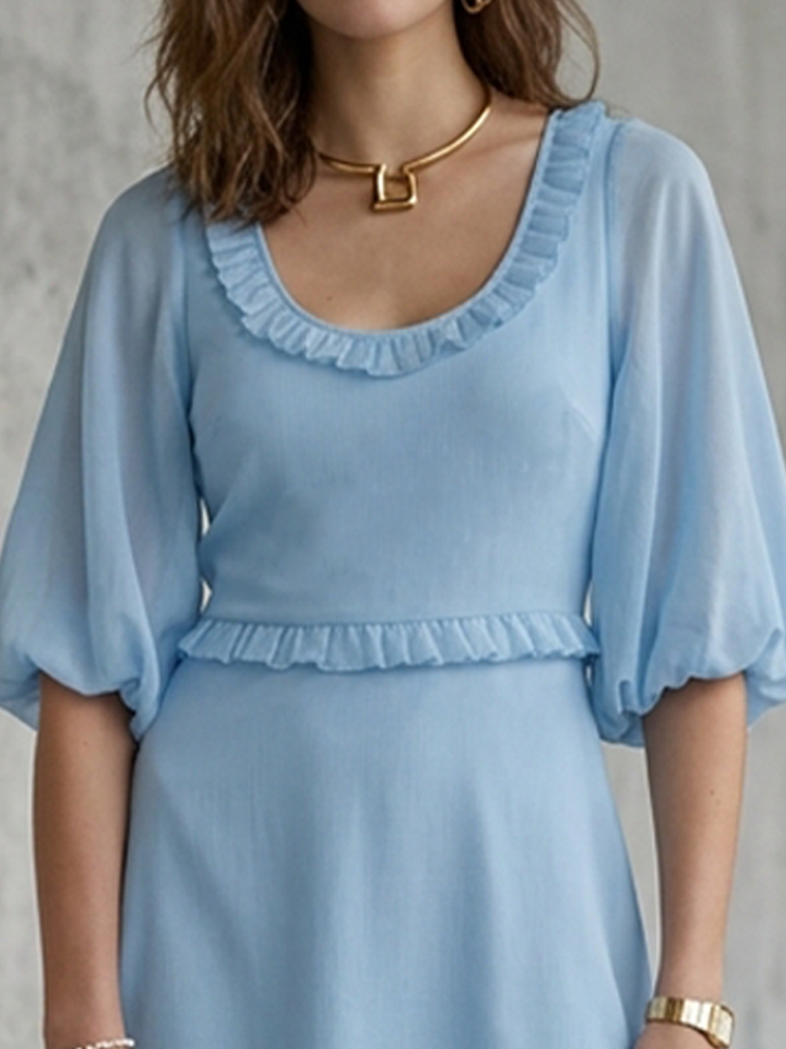 Women's Elegant Light Blue Chiffon Ruffled Puff Sleeve Fitted Waist Short Dress MDZ2032D3GMJ