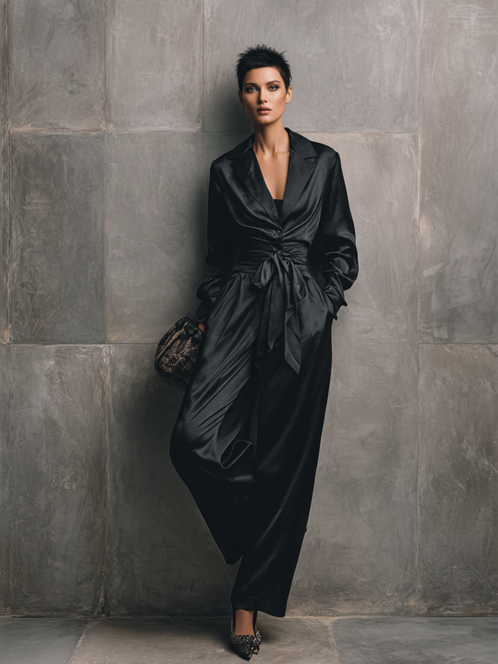 Women's Minimalist Black Satin V-Neck Fitted Waist Belted Wide-Leg Jumpsuit MDZ2017D7GMJ