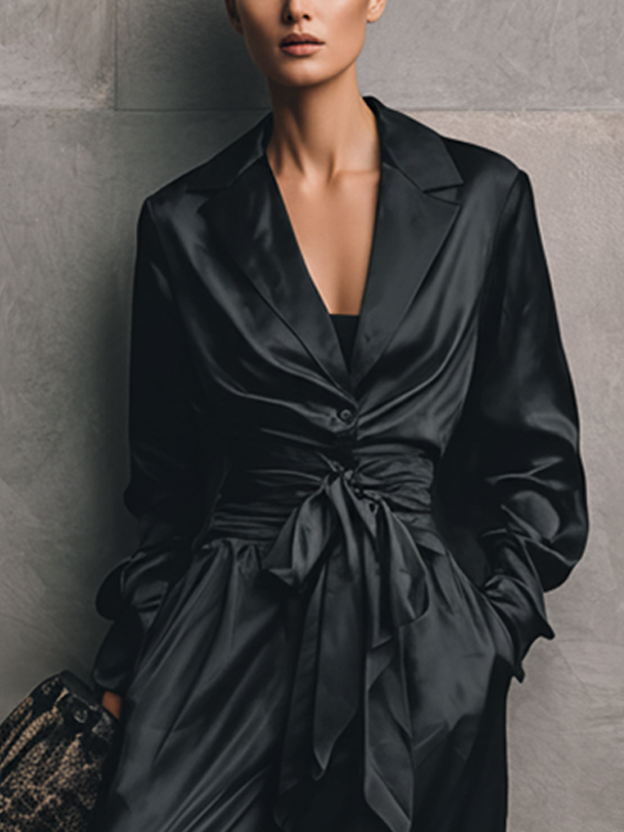 Women's Minimalist Black Satin V-Neck Fitted Waist Belted Wide-Leg Jumpsuit MDZ2017D7GMJ
