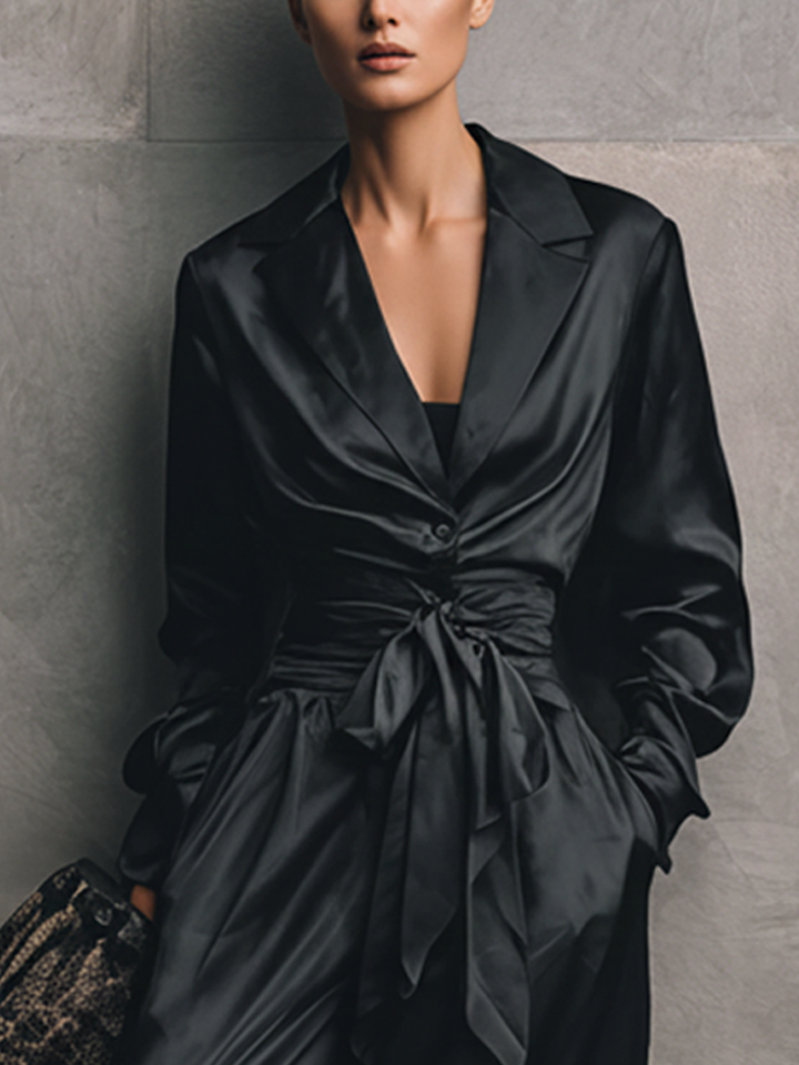 Women's Minimalist Black Satin V-Neck Fitted Waist Belted Wide-Leg Jumpsuit MDZ2017D7GMJ