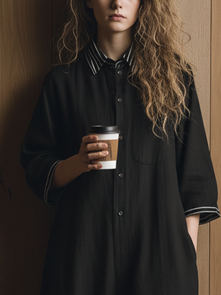 Women's Casual Style Black Cotton And Linen Striped Collared Short-Sleeved Capri Jumpsuit MDZ2052D2GMJ