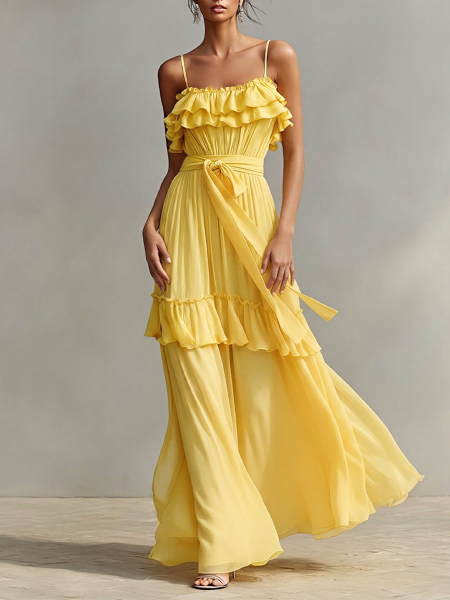 Women's Yellow Chiffon Tiered Maxi Dress With Ruffle Trim & Waist Tie, Timeless Romantic-Chic Evening Dress MDZ2102D4LYL