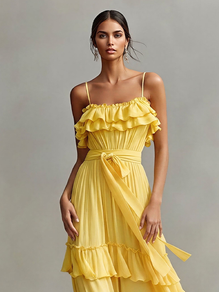 Women's Yellow Chiffon Tiered Maxi Dress With Ruffle Trim & Waist Tie, Timeless Romantic-Chic Evening Dress MDZ2102D4LYL