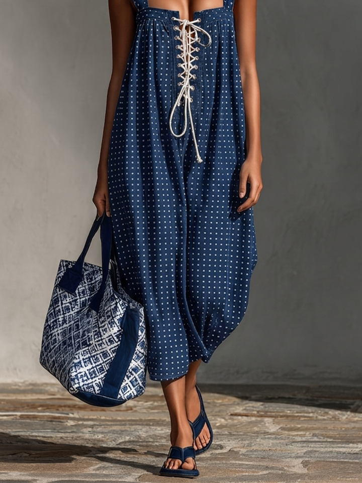 Women's Dark Blue Polka Dot Jumpsuit With Wide Straps & Relaxed Fit, Contemporary Vacation-Ready Loungewear MDZ2181D9LYL