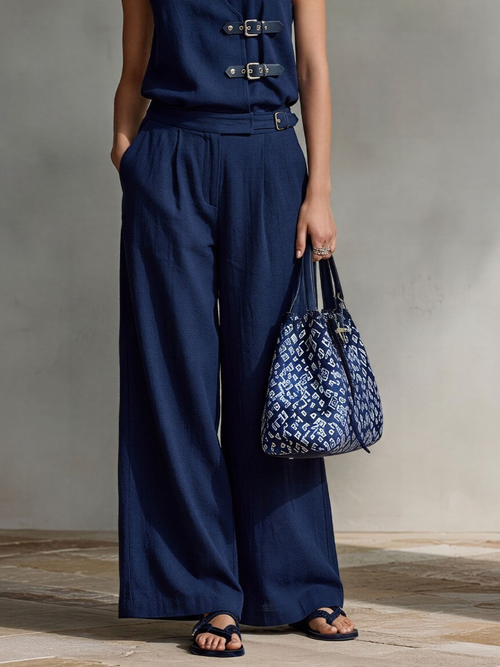Women's Navy Linen-Blend Halter Two-Piece Set With Buckle Details & Wide-Leg Pants, Modern Nautical-Chic Outfit MDZ2158D1LYL