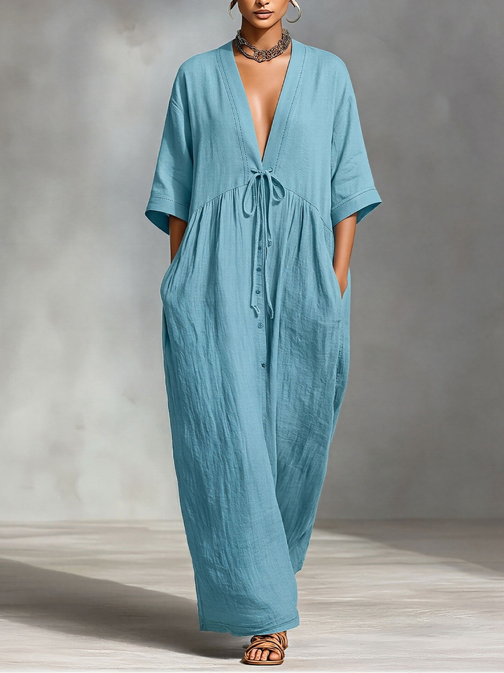 Women's Dusty Blue Linen-Blend Maxi Dress With V-Neck & Waist Tie, Timeless Boho-Resort Style Dress MDZ2100D6LYL