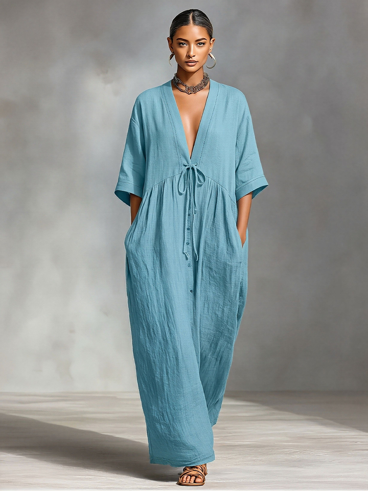 Women's Dusty Blue Linen-Blend Maxi Dress With V-Neck & Waist Tie, Timeless Boho-Resort Style Dress MDZ2100D6LYL