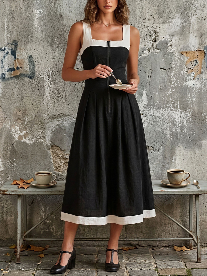 Women's Black & White Linen-Blend Midi Dress With Contrast Trim & Front Zipper, Timeless Retro-Chic Style Dress MDZ2118D9LYL