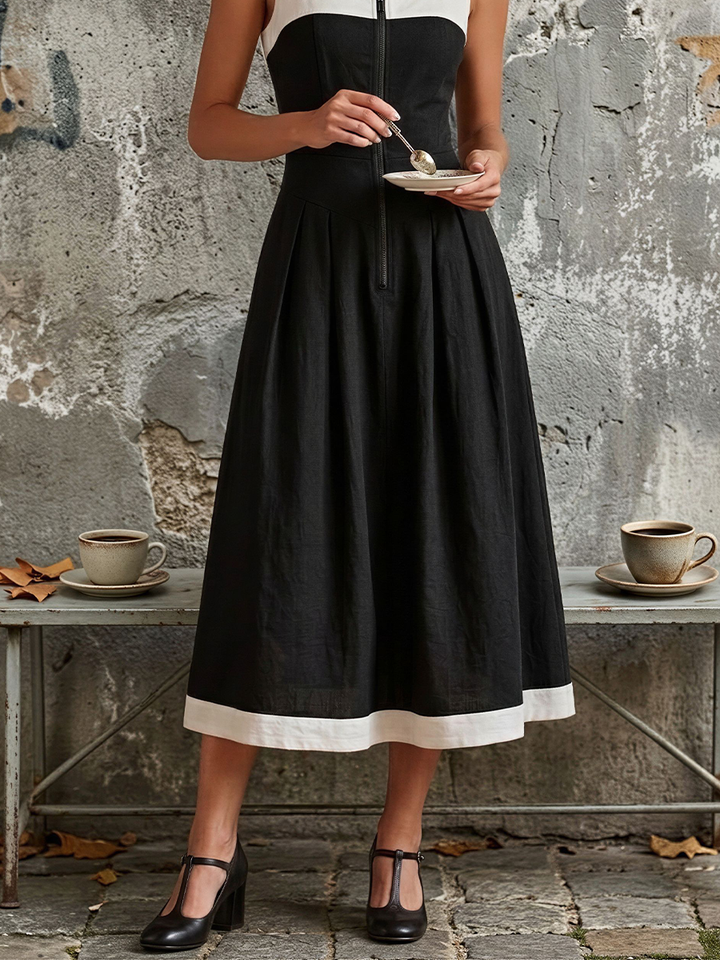 Women's Black & White Linen-Blend Midi Dress With Contrast Trim & Front Zipper, Timeless Retro-Chic Style Dress MDZ2118D9LYL