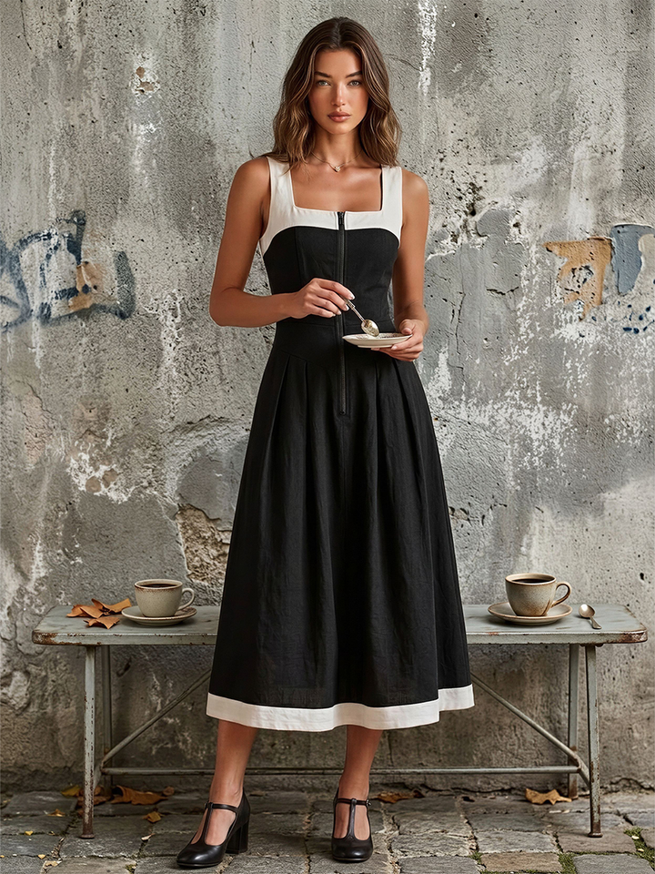 Women's Black & White Linen-Blend Midi Dress With Contrast Trim & Front Zipper, Timeless Retro-Chic Style Dress MDZ2118D9LYL