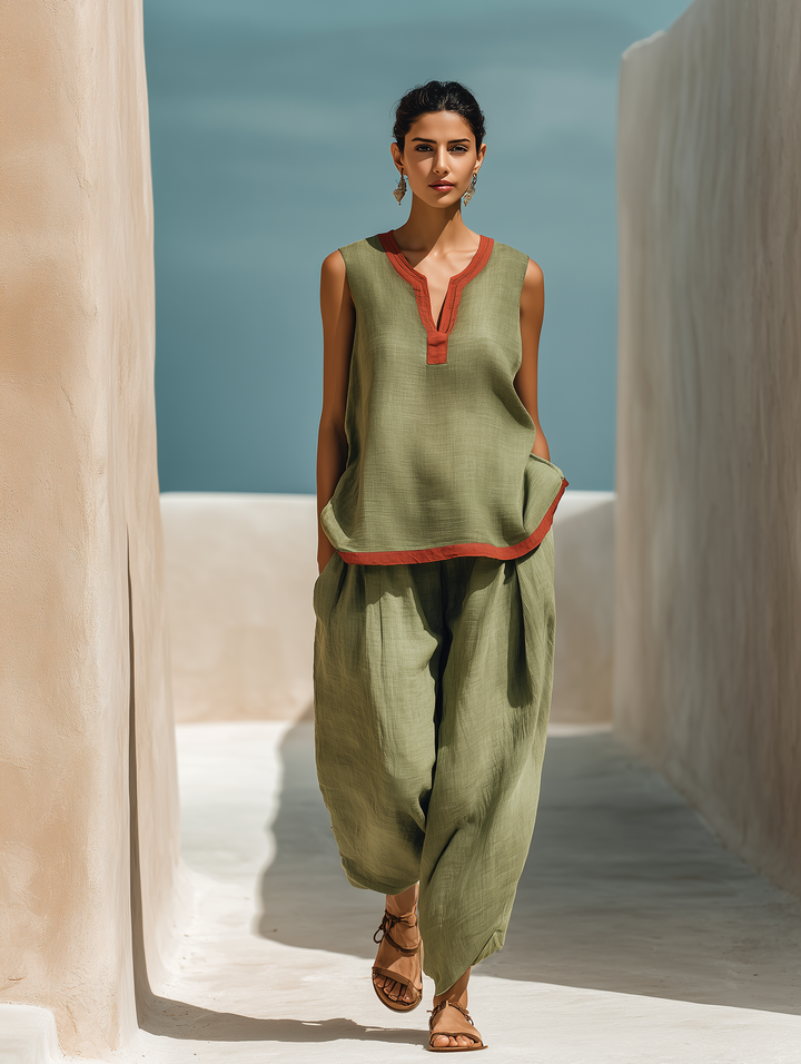 Women’s Olive Green Linen-Blend Two-Piece Set: Sleeveless Contrast Trim Top & Harem Pants With Pockets MDZ2193D4T