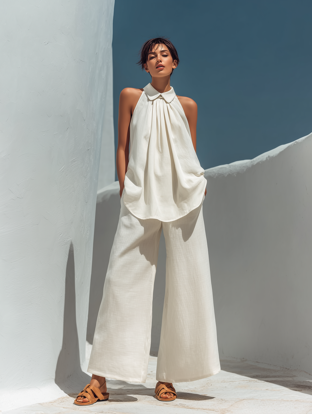 Women’s Off-White Linen-Blend Two-Piece Set: Peter Pan Collar Halter Top & High-Waisted Wide-Leg Pants With Pockets MDZ2123D2T