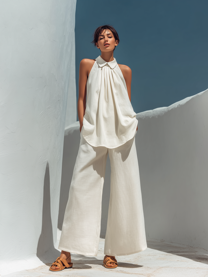 Women’s Off-White Linen-Blend Two-Piece Set: Peter Pan Collar Halter Top & High-Waisted Wide-Leg Pants With Pockets MDZ2123D2T