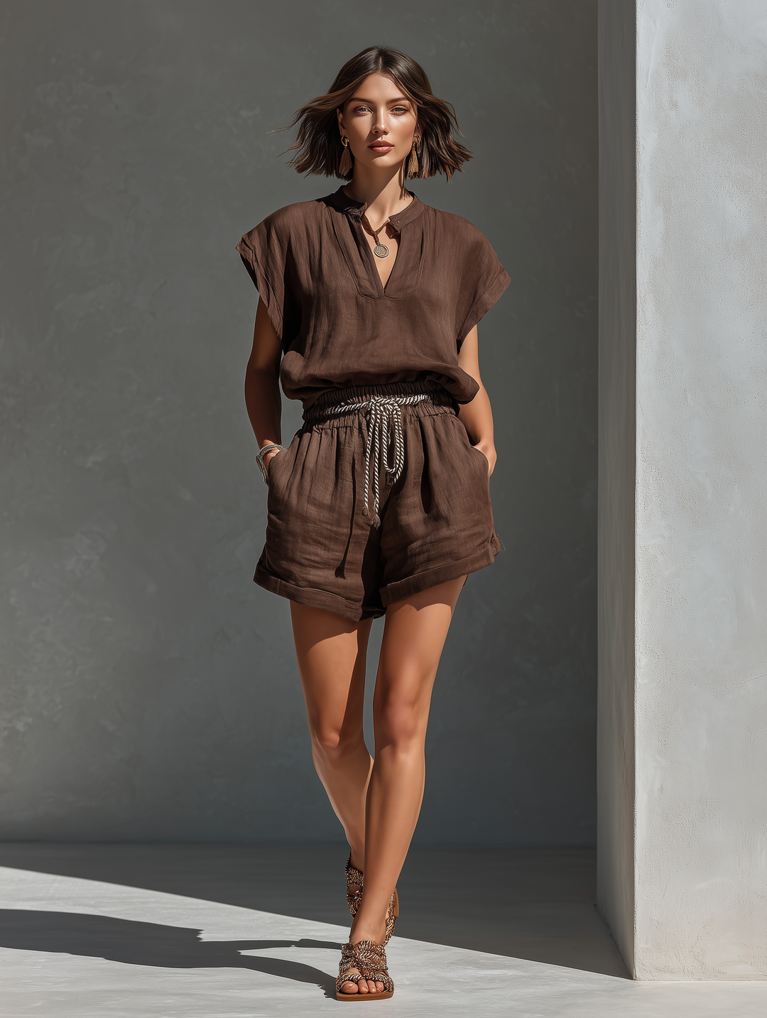 Women’s Brown Linen-Blend Two-Piece Set: Split Neck Cap Sleeve Top & Elastic Waist Shorts MDZ2153D3T