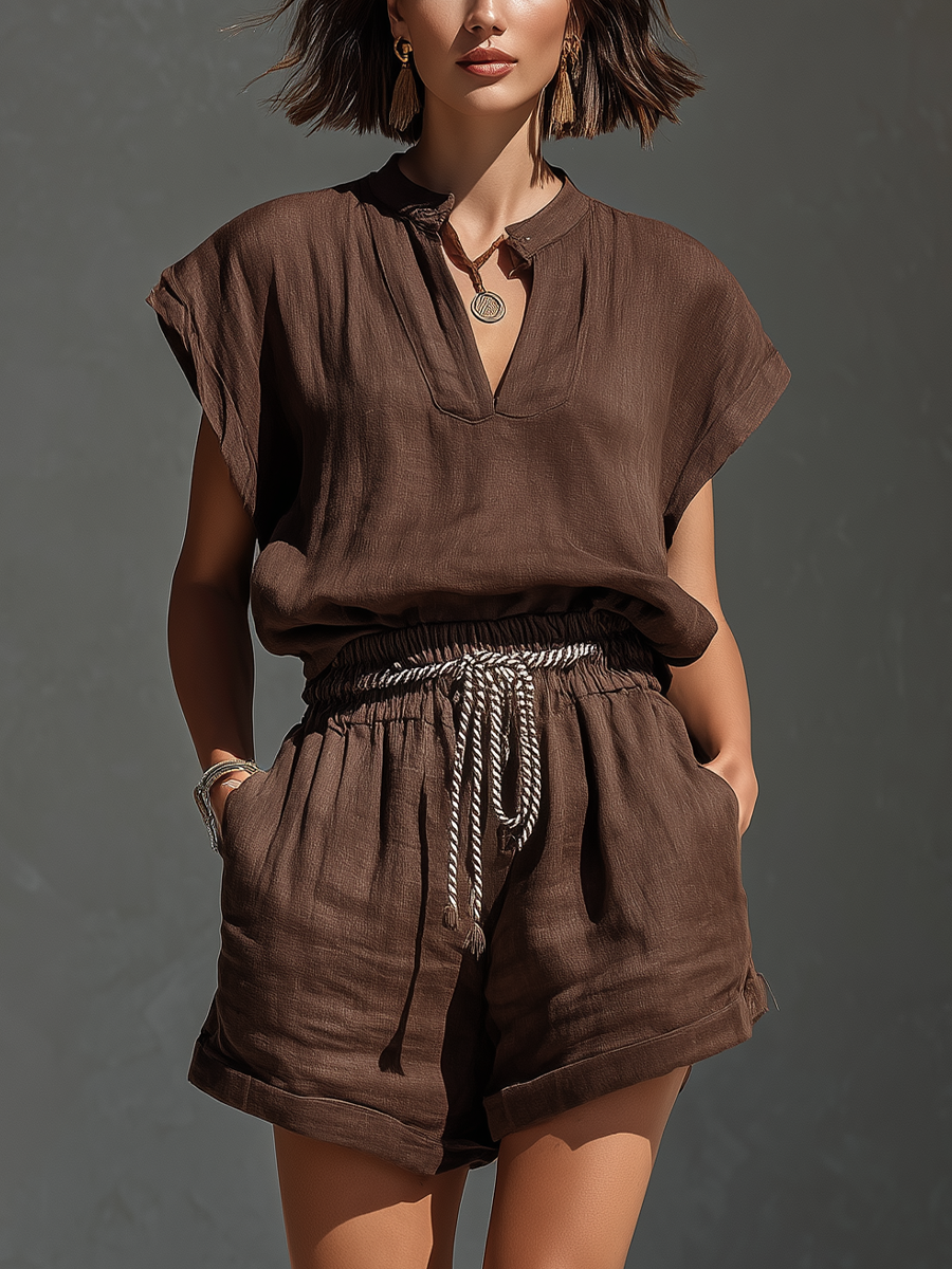 Women’s Brown Linen-Blend Two-Piece Set: Split Neck Cap Sleeve Top & Elastic Waist Shorts MDZ2153D3T