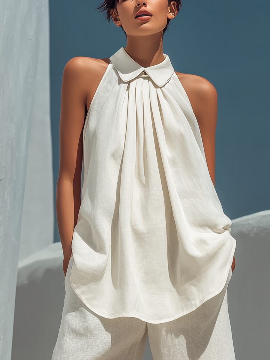 Women’s Off-White Linen-Blend Two-Piece Set: Peter Pan Collar Halter Top & High-Waisted Wide-Leg Pants With Pockets MDZ2123D2T