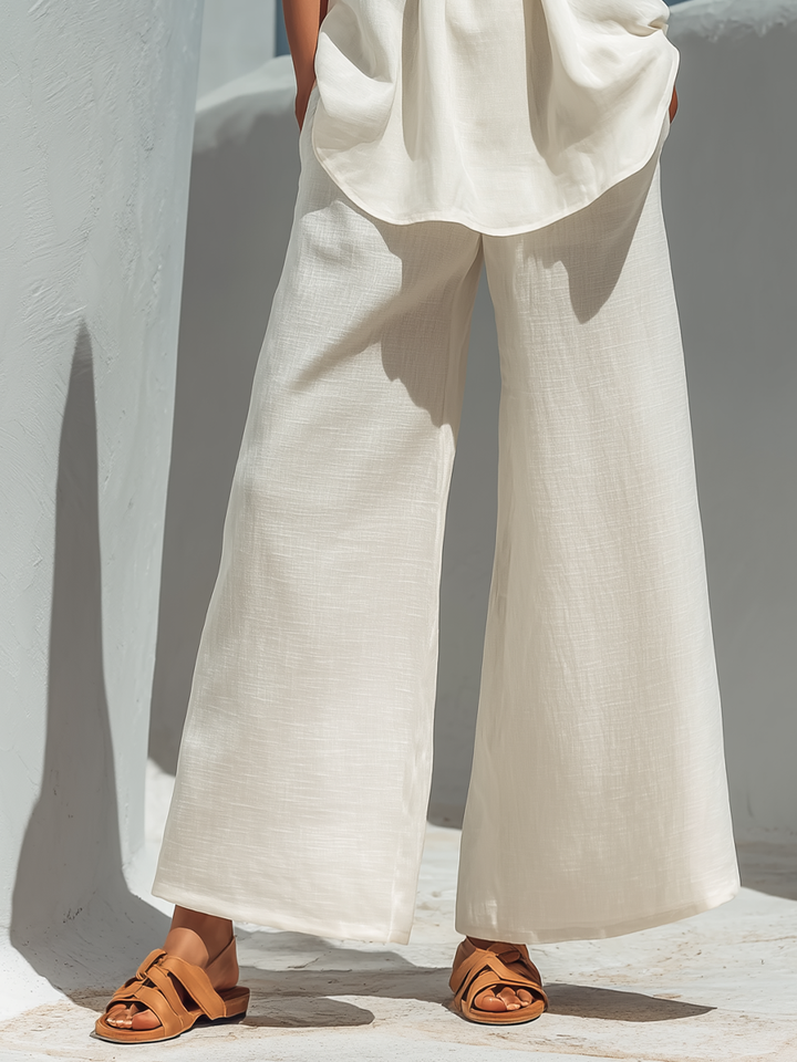 Women’s Off-White Linen-Blend Two-Piece Set: Peter Pan Collar Halter Top & High-Waisted Wide-Leg Pants With Pockets MDZ2123D2T