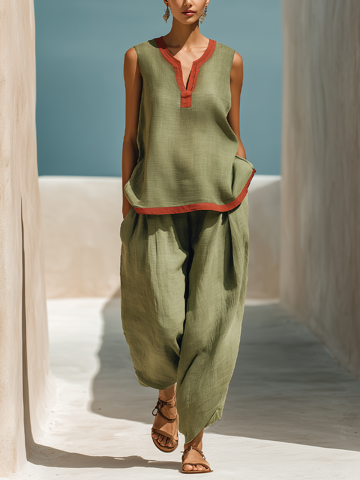 Women’s Olive Green Linen-Blend Two-Piece Set: Sleeveless Contrast Trim Top & Harem Pants With Pockets MDZ2193D4T