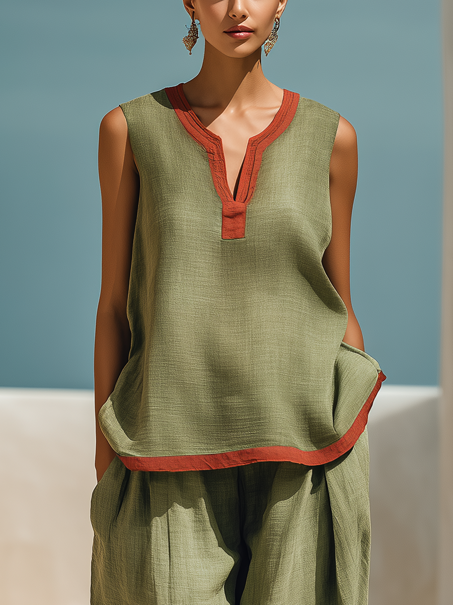 Women’s Olive Green Linen-Blend Two-Piece Set: Sleeveless Contrast Trim Top & Harem Pants With Pockets MDZ2193D4T
