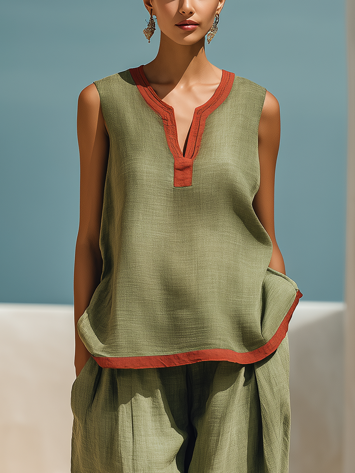 Women’s Olive Green Linen-Blend Two-Piece Set: Sleeveless Contrast Trim Top & Harem Pants With Pockets MDZ2193D4T