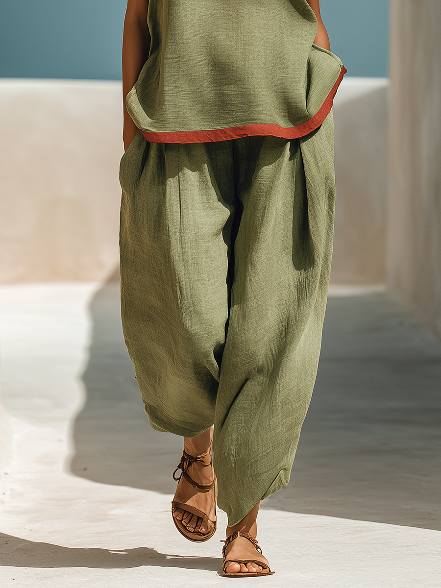 Women’s Olive Green Linen-Blend Two-Piece Set: Sleeveless Contrast Trim Top & Harem Pants With Pockets MDZ2193D4T