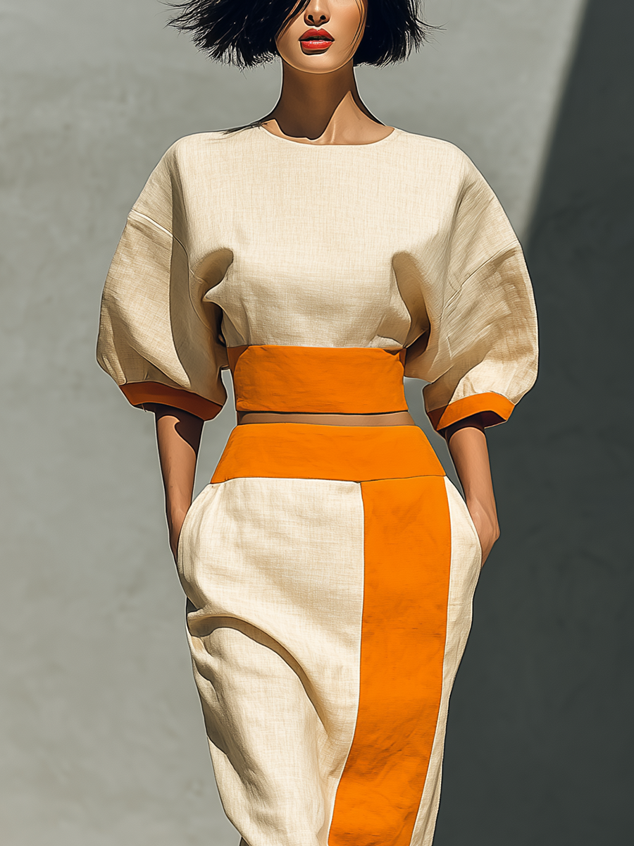 Women’s Beige & Orange Linen-Blend Two-Piece Set: Puff Sleeve Crop Top & Color Block Midi Skirt With Pockets MDZ2198D7T