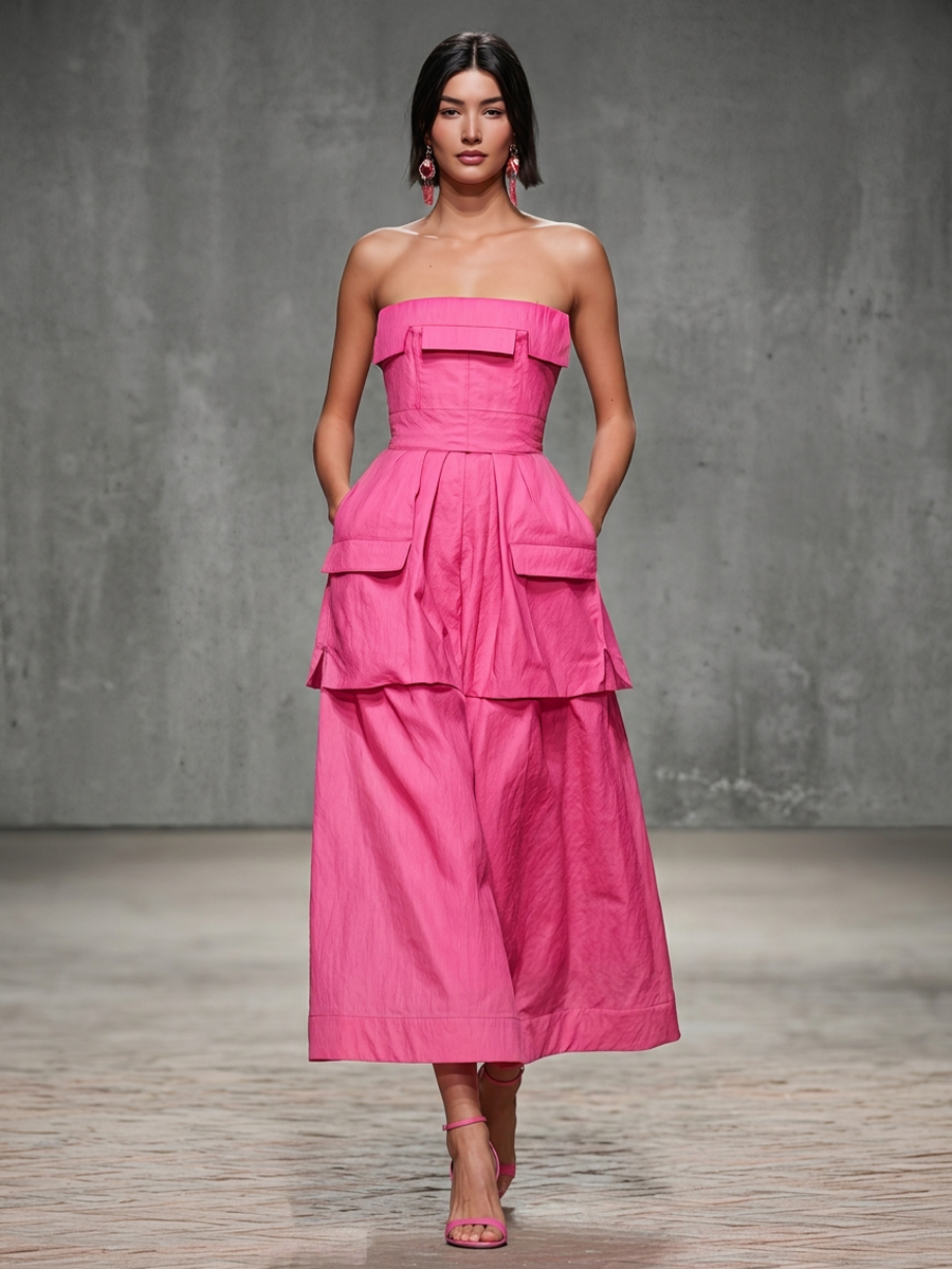 Women’s Pink Cotton Blend Strapless Tiered Midi Dress With Flap Pockets MDZ2109D5T