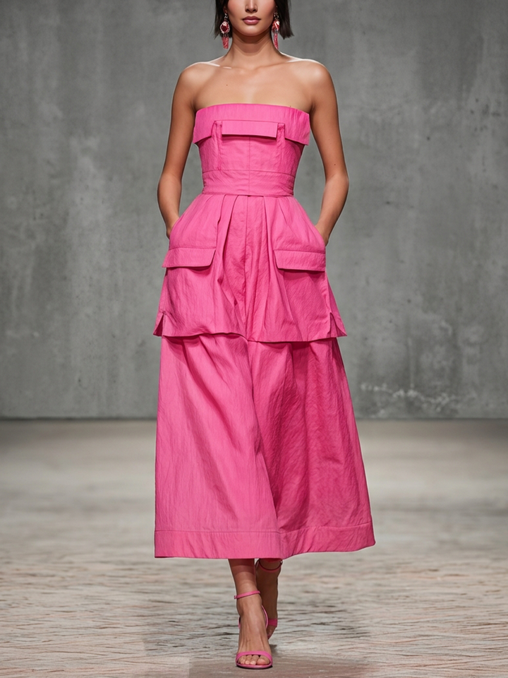 Women’s Pink Cotton Blend Strapless Tiered Midi Dress With Flap Pockets MDZ2109D5T