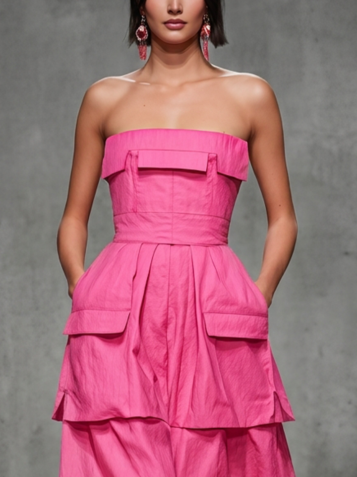 Women’s Pink Cotton Blend Strapless Tiered Midi Dress With Flap Pockets MDZ2109D5T