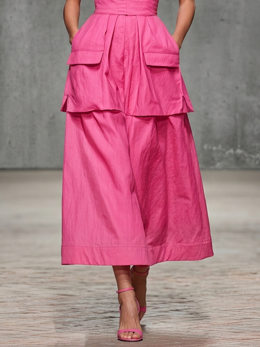 Women’s Pink Cotton Blend Strapless Tiered Midi Dress With Flap Pockets MDZ2109D5T