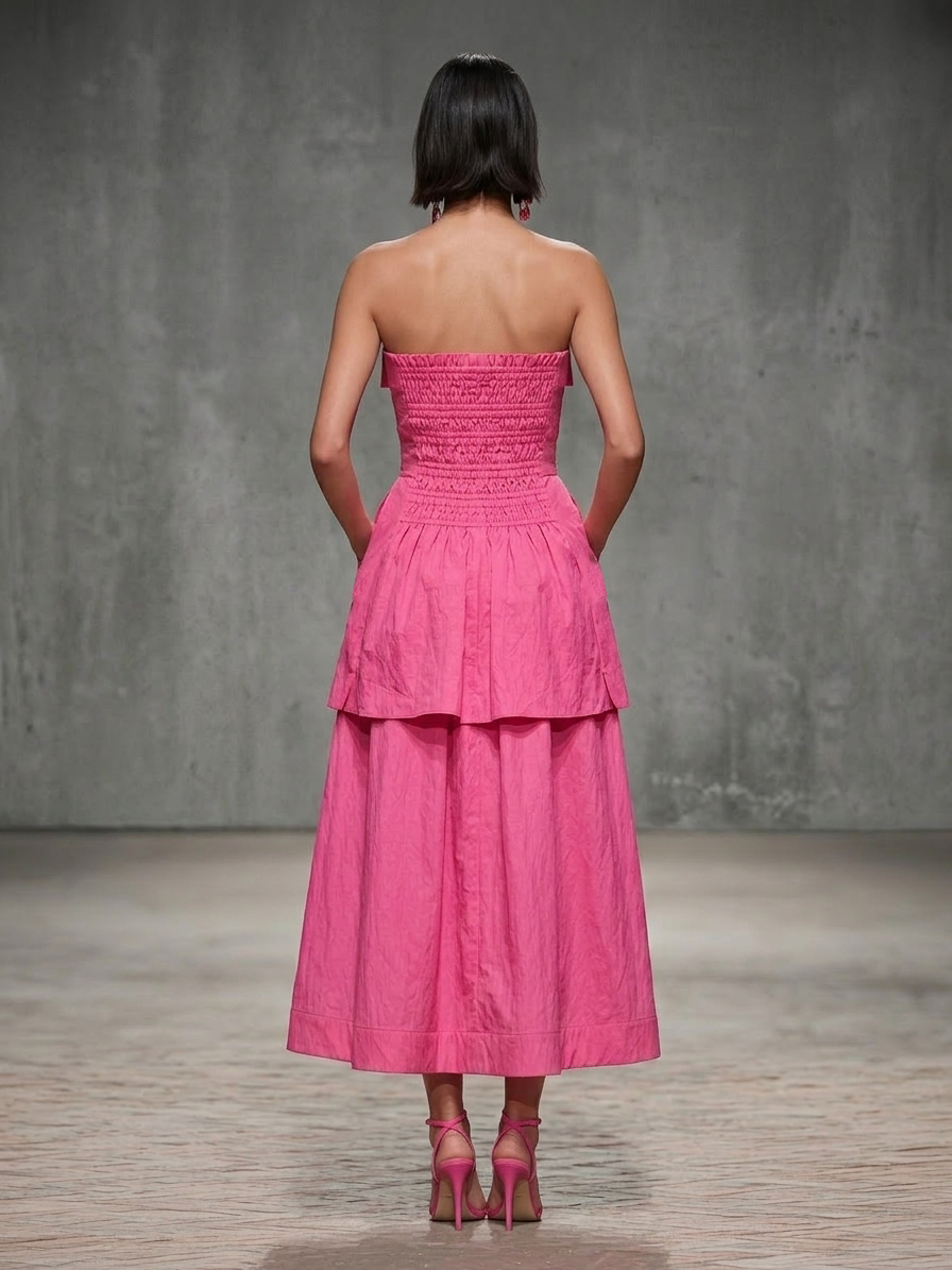 Women’s Pink Cotton Blend Strapless Tiered Midi Dress With Flap Pockets MDZ2109D5T