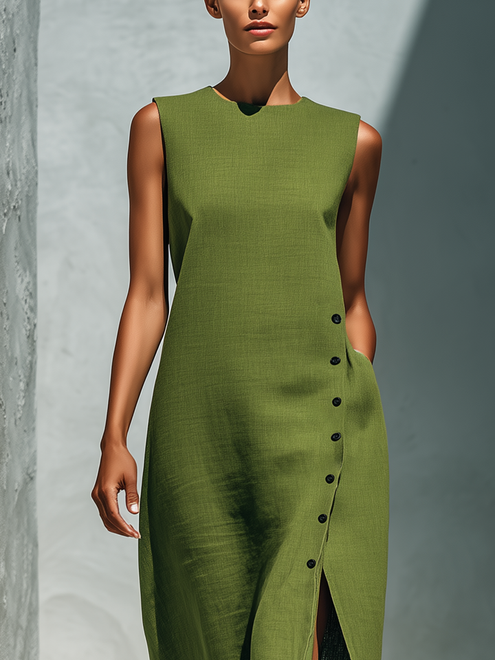 Women’s Olive Green Linen-Blend Sleeveless Round Neck Side Button Slit Maxi Dress With Pockets MDZ2188D7T