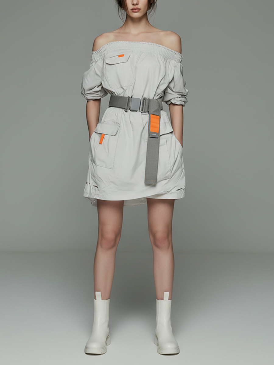 Women's Minimalist Techwear-Style Short Dress — Functional Design With Off-Shoulder Neckline And Elastic Waistband MDZ2116D5ZJW