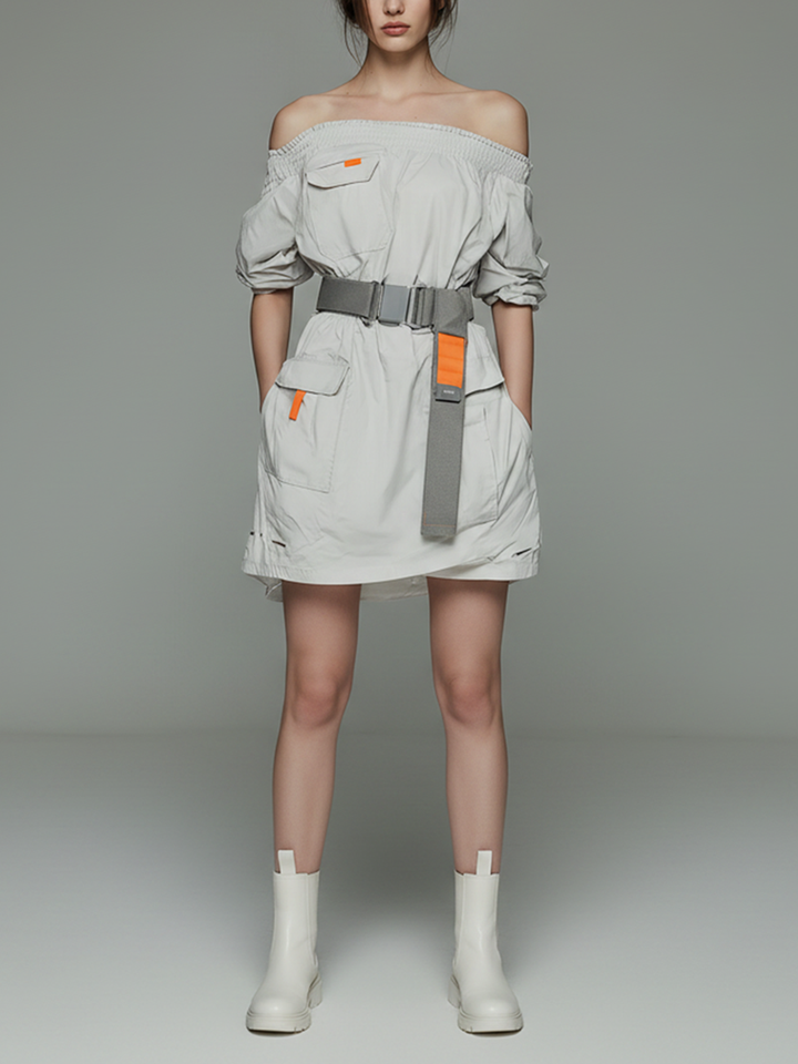 Women's Minimalist Techwear-Style Short Dress — Functional Design With Off-Shoulder Neckline And Elastic Waistband MDZ2116D5ZJW