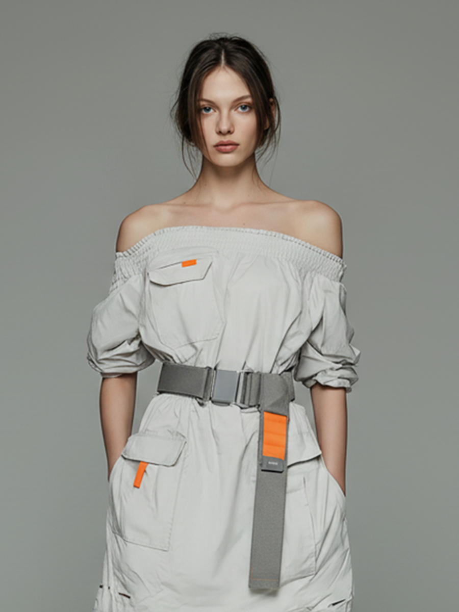Women's Minimalist Techwear-Style Short Dress — Functional Design With Off-Shoulder Neckline And Elastic Waistband MDZ2116D5ZJW