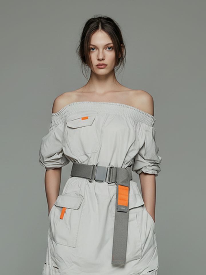 Women's Minimalist Techwear-Style Short Dress — Functional Design With Off-Shoulder Neckline And Elastic Waistband MDZ2116D5ZJW