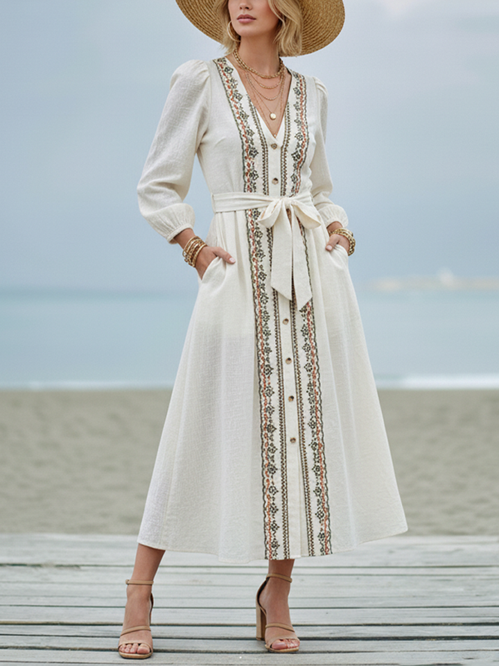 Women's Bohemian Off-White Linen-Cotton Embroidered Tie-Waist Maxi Dress MDZ2193D1GMJ