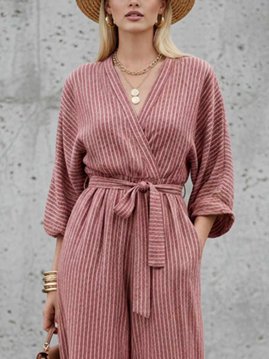 Women's Casual Dusty Pink And White Linen-Cotton Striped V-Neck Waisted Wide-Leg Jumpsuit MDZ2146D4GMJ