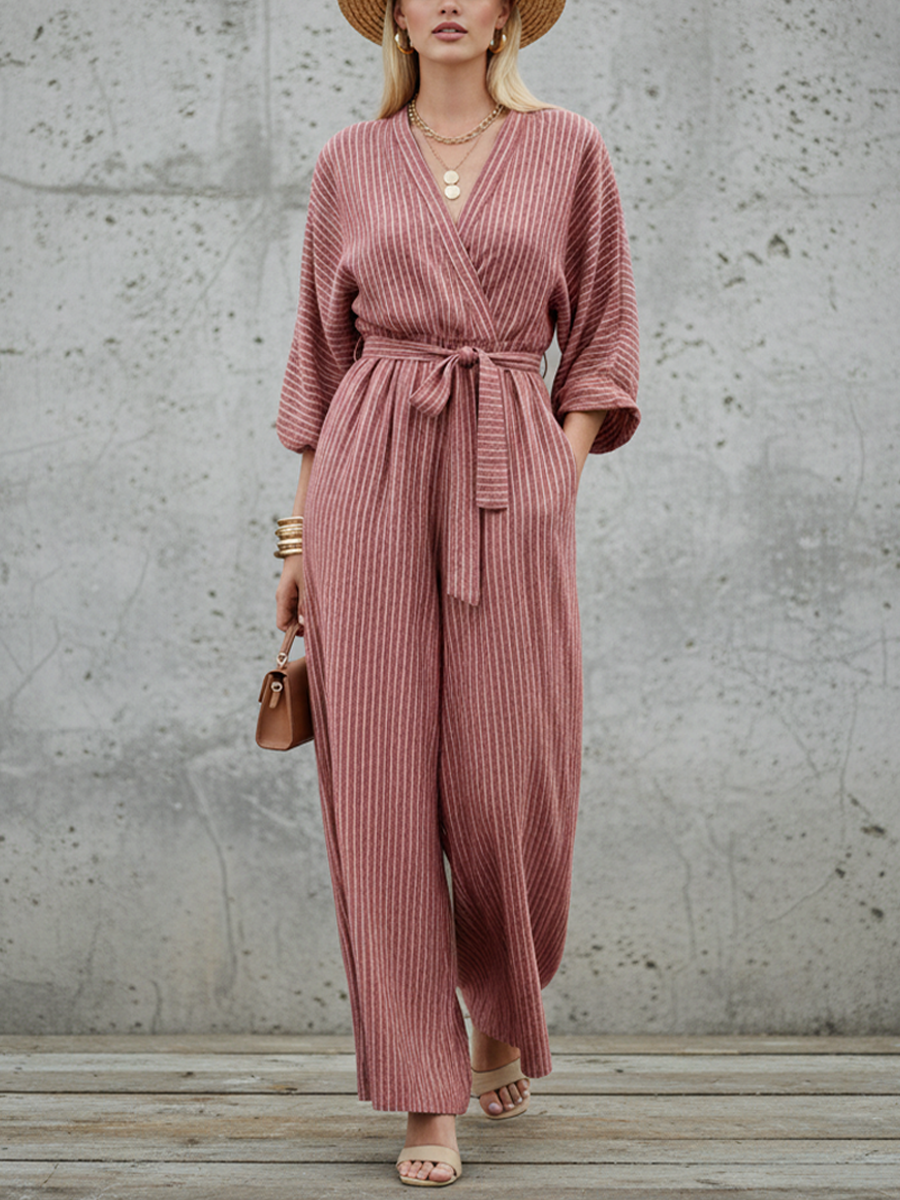 Women's Casual Dusty Pink And White Linen-Cotton Striped V-Neck Waisted Wide-Leg Jumpsuit MDZ2146D4GMJ