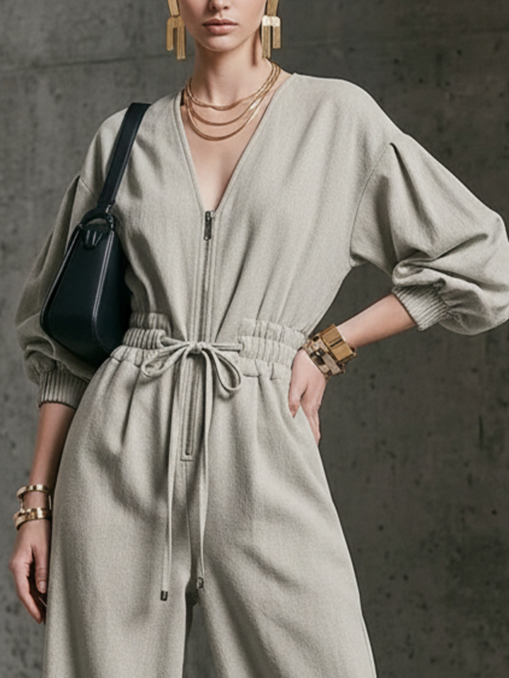 Women's Commuter Light Gray Linen-Cotton Zip-Up Waisted Wide-Leg Jumpsuit MDZ2174D2GMJ